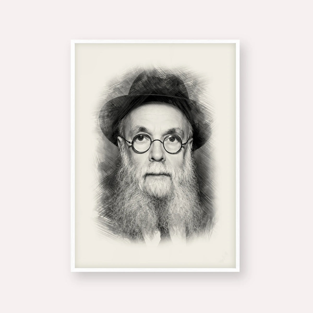 Rav Avraham Pam – Black & White – White Frame Vertical | Jewish Wall Art, Gedolim Pictures