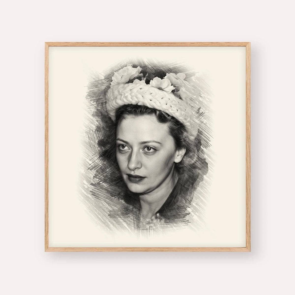Rebbetzin Chaya Mushka Schneerson – Black & White – Wood Frame Square | Jewish Wall Art, Gedolim Pictures