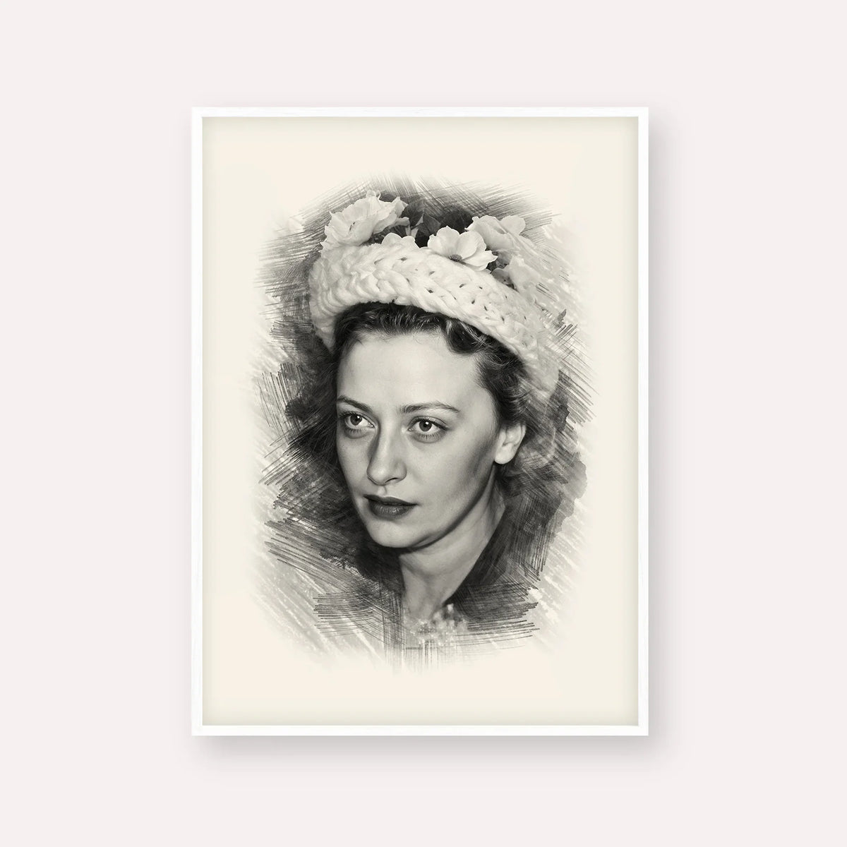 Rebbetzin Chaya Mushka Schneerson – Black & White – White Frame Vertical | Jewish Wall Art, Gedolim Pictures