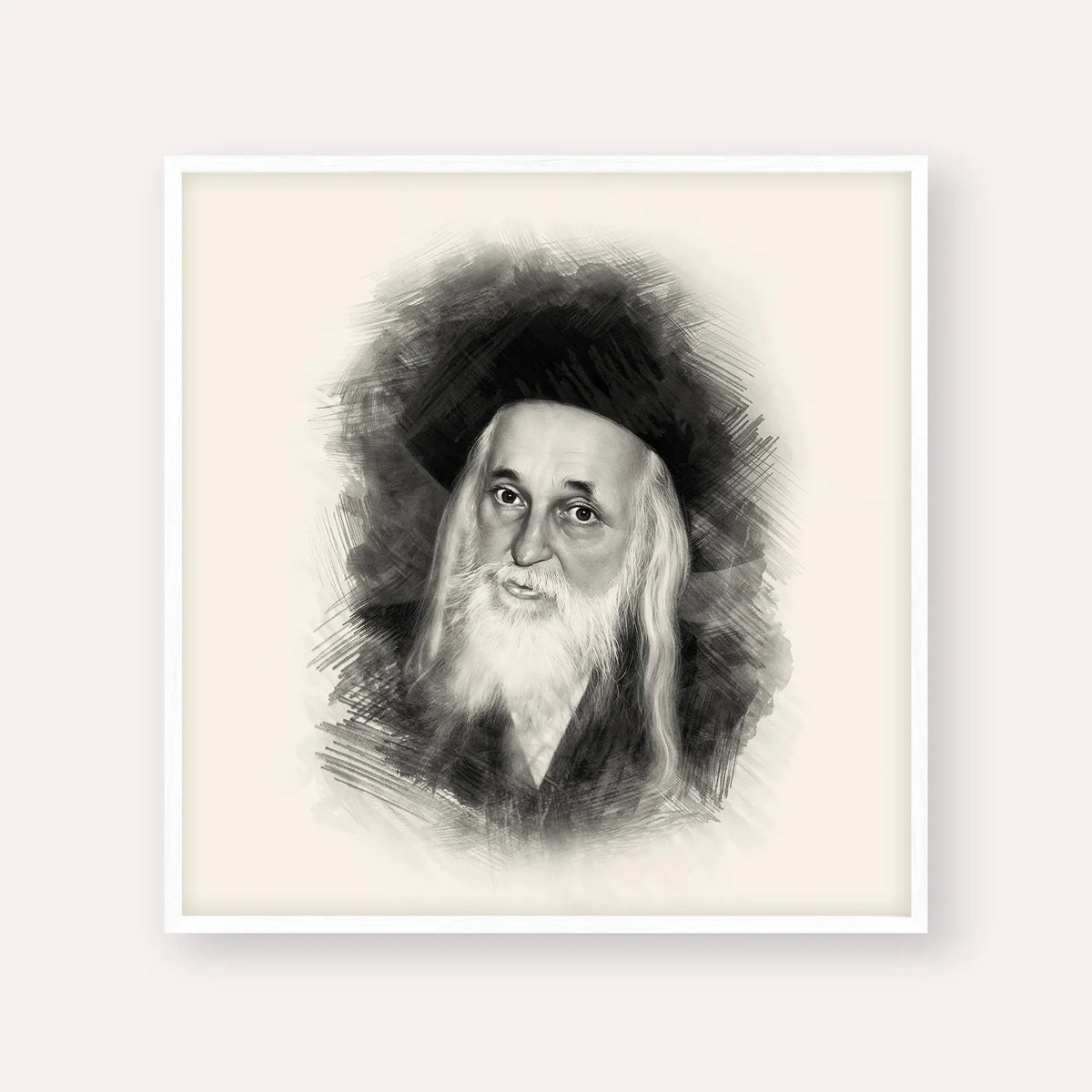 The Satmar Rebbe (Rabbi Yoel Teitelbaum) – Black & White – White Frame Square | Jewish Wall Art, Gedolim Pictures