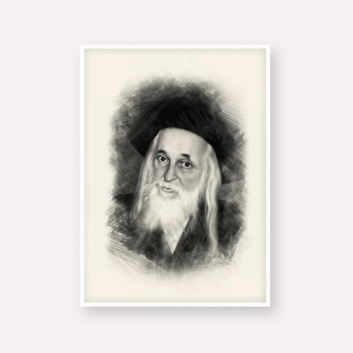 The Satmar Rebbe (Rabbi Yoel Teitelbaum) – Black & White – White Frame Vertical | Jewish Wall Art, Gedolim Pictures