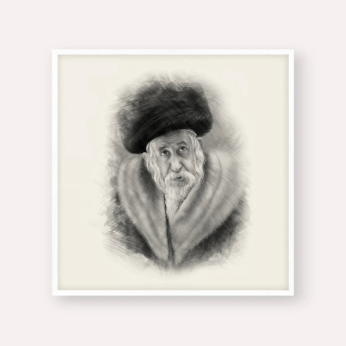 The Tosher Rebbe – Black & White – White Frame Square | Jewish Wall Art, Gedolim Pictures