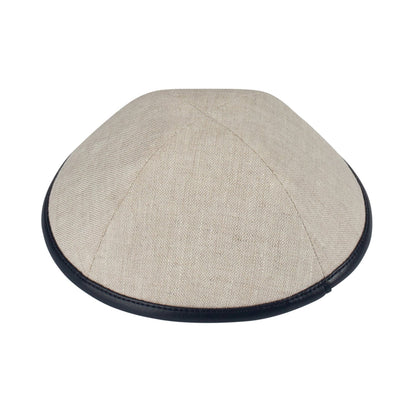 iKippah Tan Linen W/ Navy Leather Rim