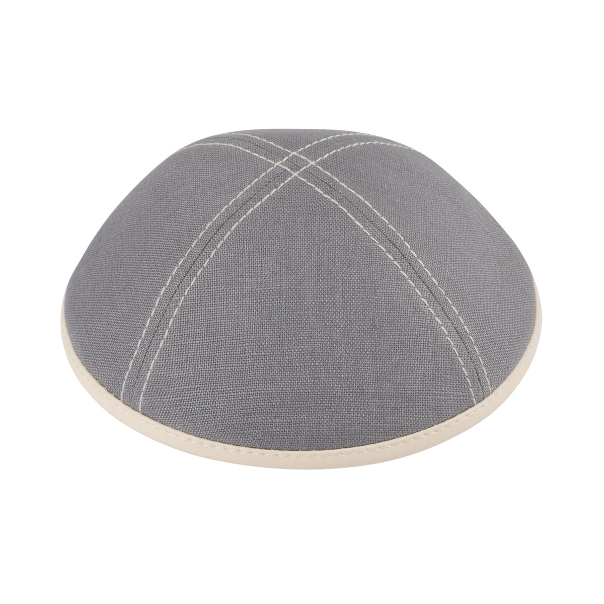 iKippah Gray Linen W/ Stitching & Leather Rim